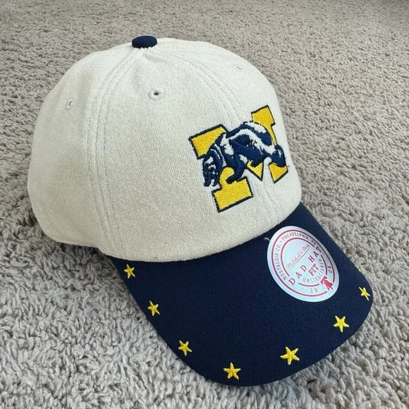 Michigan Wolverines Dune Hat Mitchell & Ness Adjustable Stone Navy‎ Dad Fit Cap - Picture 5 of 9